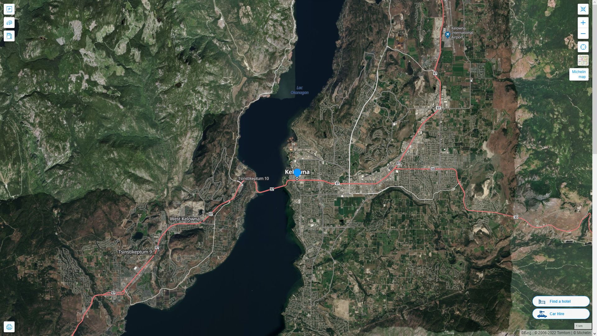 Kelowna Canada Autoroute et carte routiere avec vue satellite